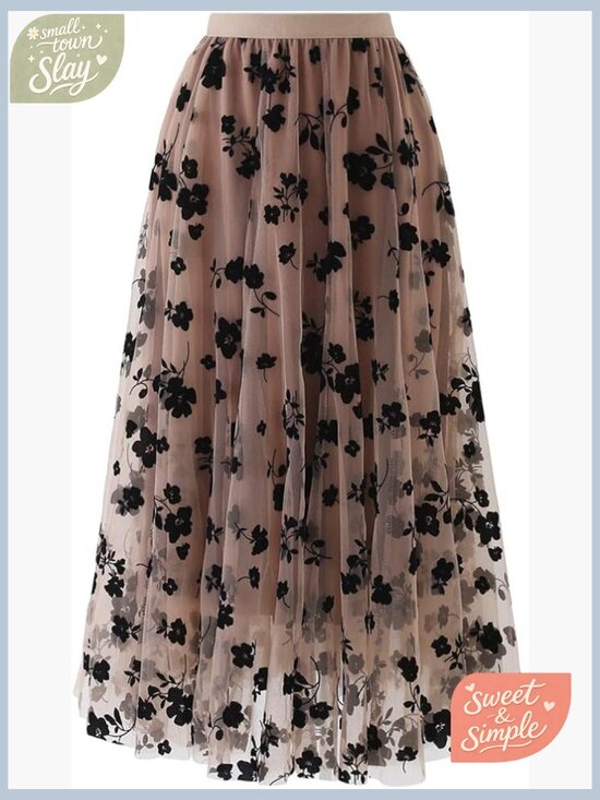 Dresses & Skirts - Double-Layered Mesh Midi Skirt with 3D Posy Trim, Elastic Waistband
